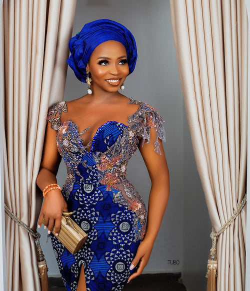 Asoire African Print Ankara Corset Bridal Dress - Blue