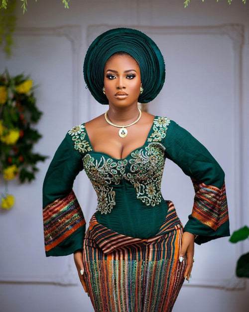 Asoire African Print Aso Oke Corset Bridal Dress - Green/Multicolor