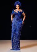 Asoire African Print Beaded Lace Corset Bridal Dress - Blue