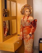 Asoire African Print Beaded Lace Bridal Wrap Dress - Orange