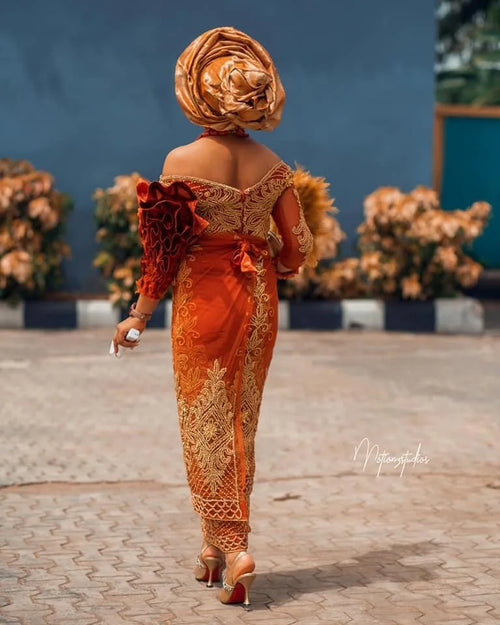 Asoire African Print Beaded Lace Bridal Wrap Dress - Orange