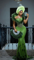 Asoire African Print Beaded Corset Bridal Dress - Green/ silver