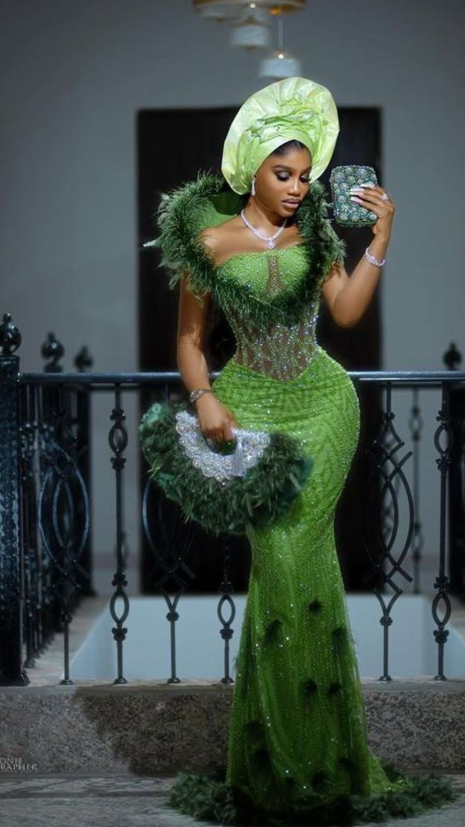 Asoire African Print Beaded Corset Bridal Dress - Green/ silver