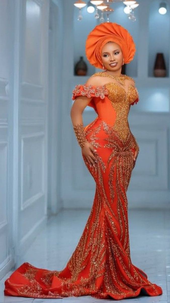 Asoire African Print Beaded Corset Bridal Dress - Orange