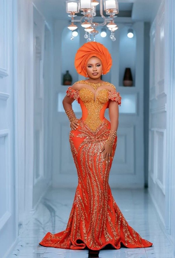 Asoire African Print Beaded Corset Bridal Dress - Orange