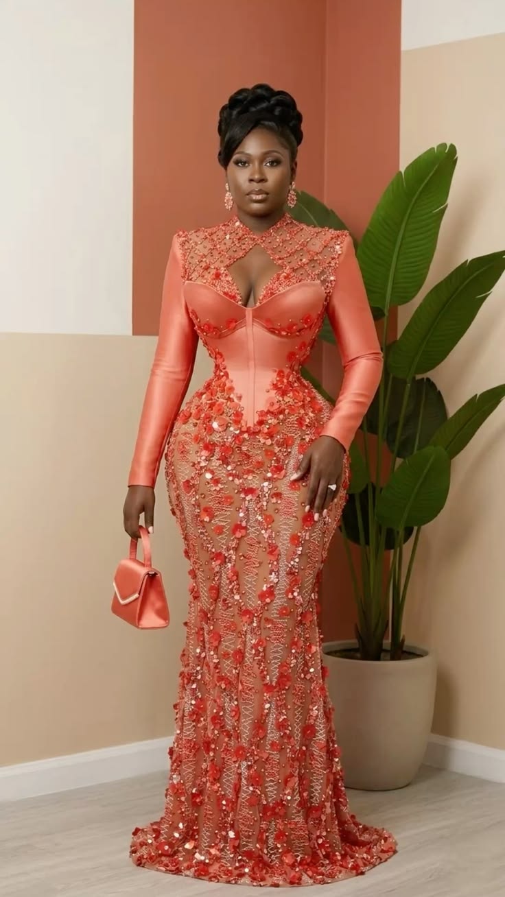 Asoire African Print Beaded Corset Bridal Dress - Orange