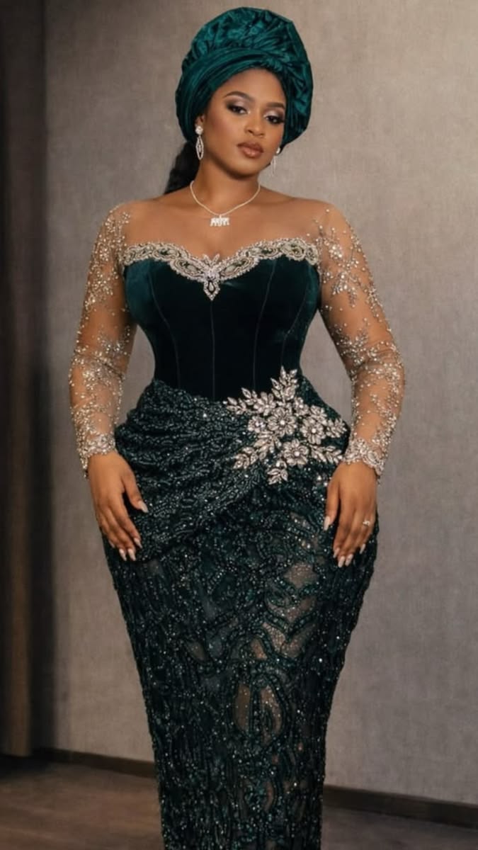 Asoire African Print Beaded Corset Bridal Dress - Green/ silver