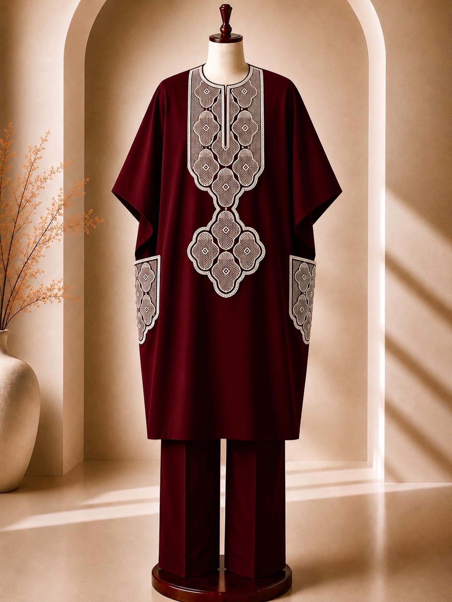 Asoire African Print Kaftan Outfit Set -Burgundy