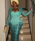 Asoire African Print Beaded Corset Bridal Dress - Green