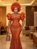 Asoire African Print Beaded Corset Bridal Dress - Orange