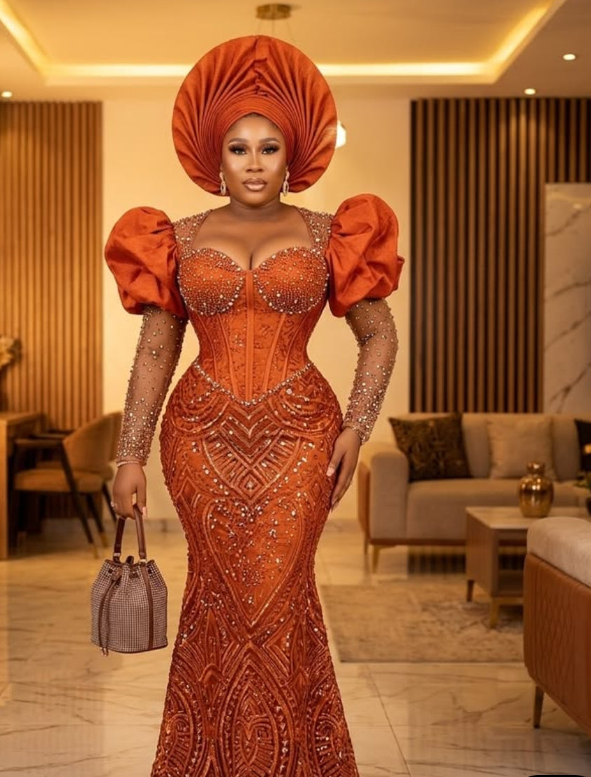 Asoire African Print Beaded Corset Bridal Dress - Orange