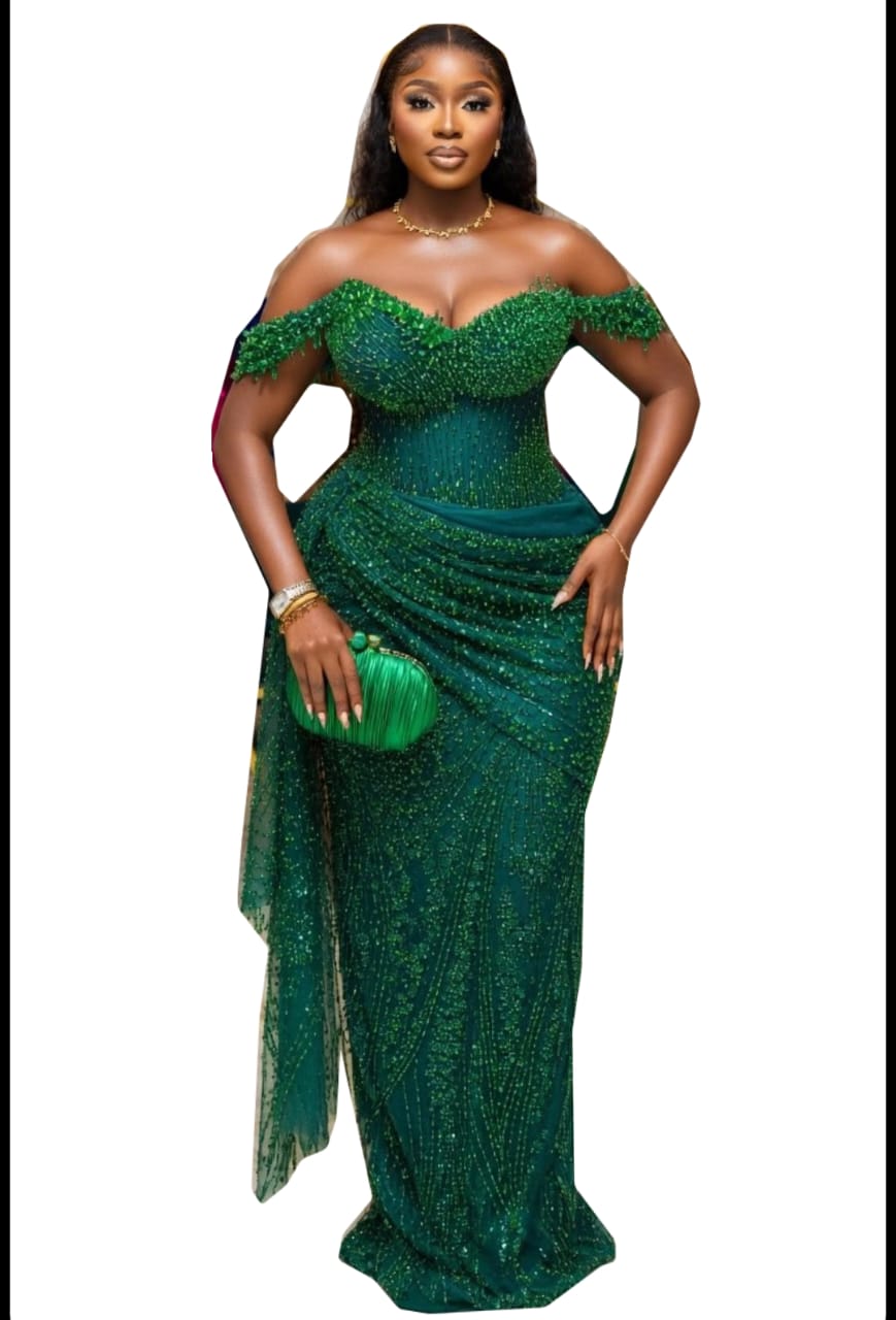 Asoire African Print Beaded Corset Bridal Dress - Green